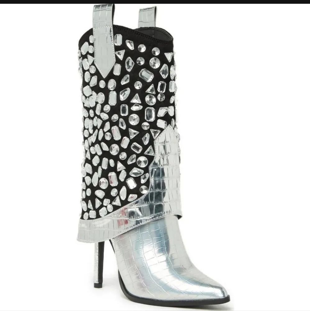 Lauren Lorraine Hana Rhinestone Cowboy Boots Silver Western Glam Size 5.5